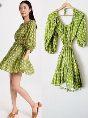 Charina Sarte XS Pouf cut out puff sleeve lined mini dress in green